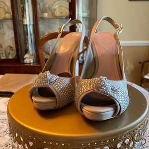 Peep Toe Pump Beige Embellished Rhinestone Shoes